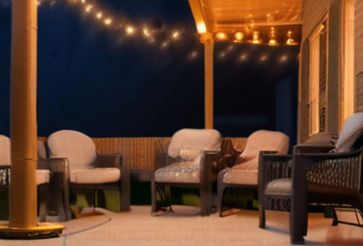 An image of a serene outdoor patio illuminated by the warm glow of patio heaters, with comfortable seating arrangements inviting relaxation and socializing under the starry night sky.