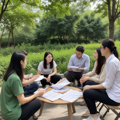 A team meeting outdoors, discussing eco-friendly initiatives, with Huiyi translation materials promoting sustainability.