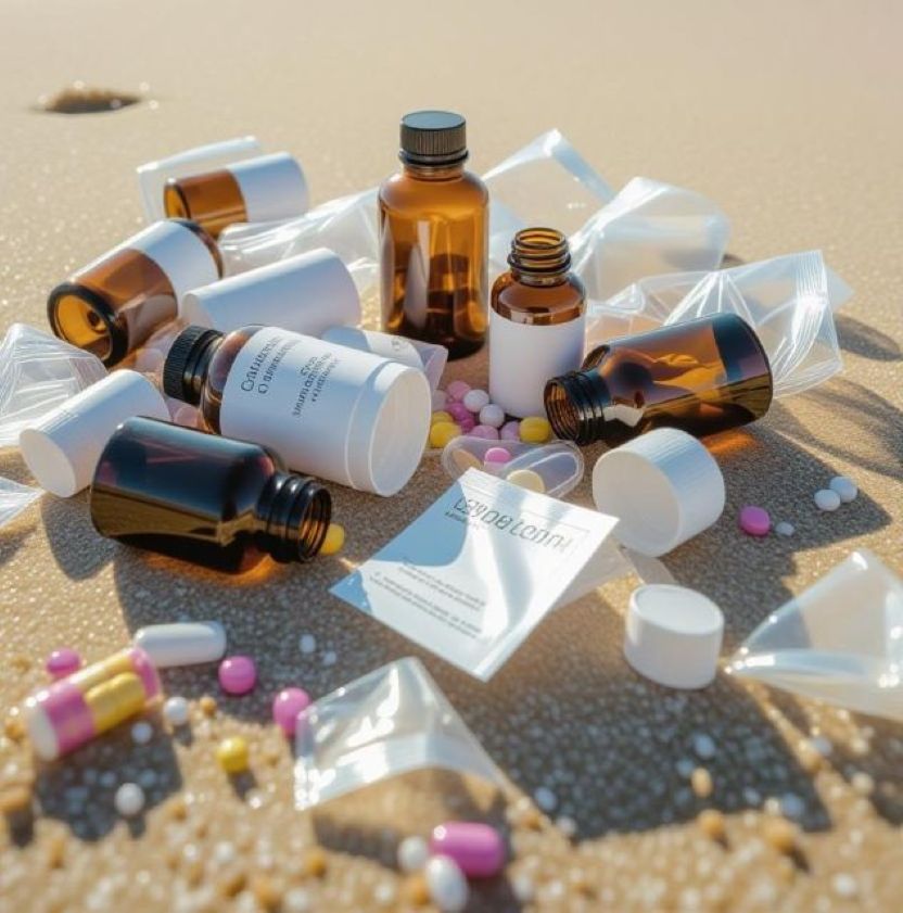 discarded beauty supplement bottles and plastic packaging