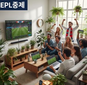 Group of international soccer fans watching a live EPL중계 (EPL broadcast) on various devices in a cozy living room with eco-friendly elements like plants and natural lighting, representing global connectivity and environmental awareness.