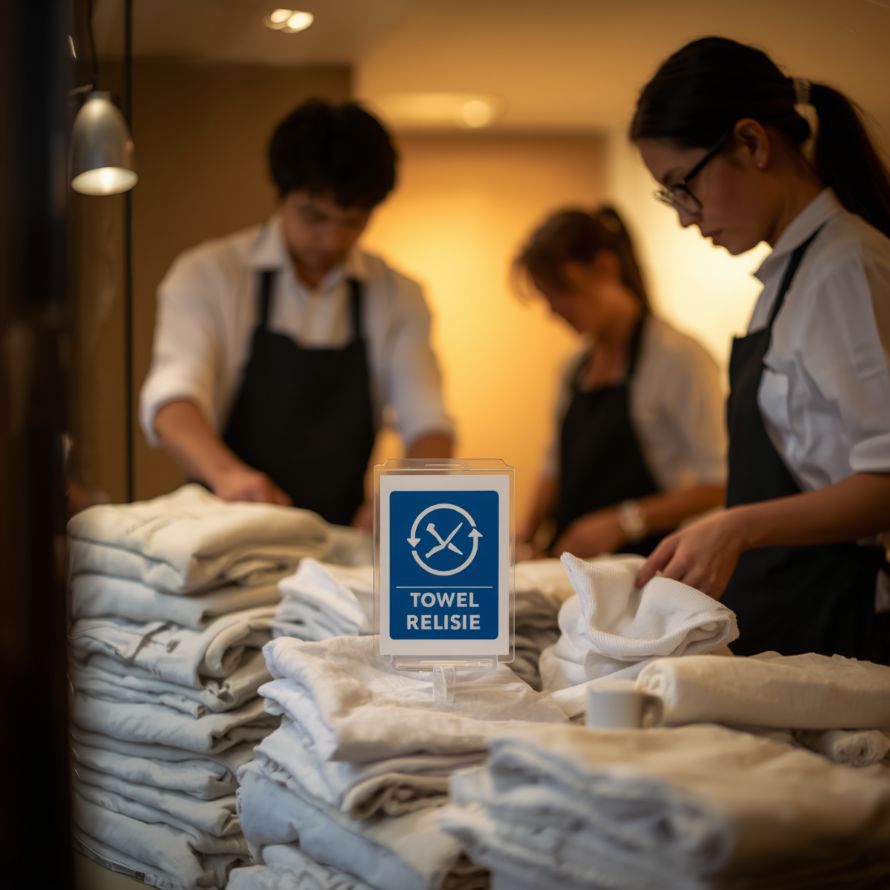 Housekeeping staff organizing linens with a visible towel reuse sign